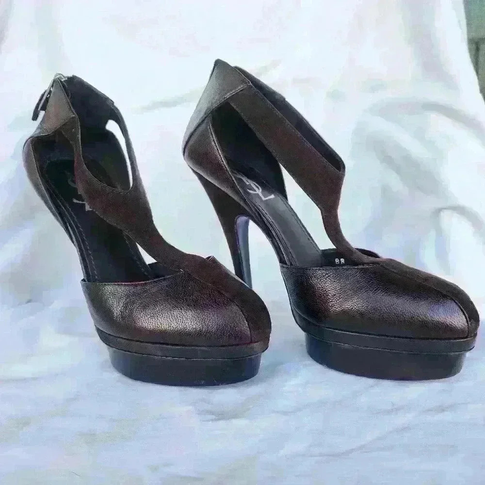 YSL Yves Saint Laurent Brown Leather Seude Pumps Vintage Designer Heels